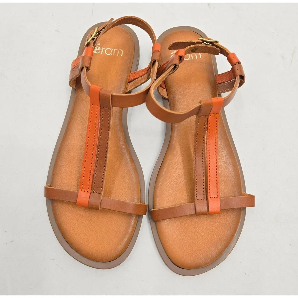 Eram Sandals women's 38‎ Brown Orange Leather T-Strap Made in Italy Buckle